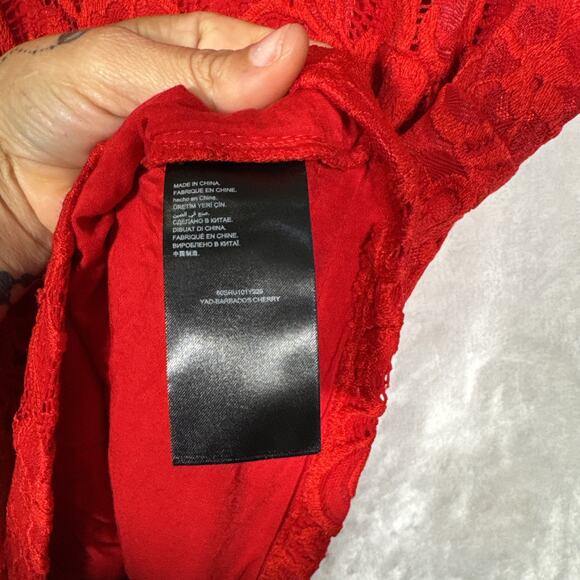 bebe Red Goth Lace Keyhole Back Top LG | Vintage Y2K Sheer Floral High Neck - Picture 3 of 11